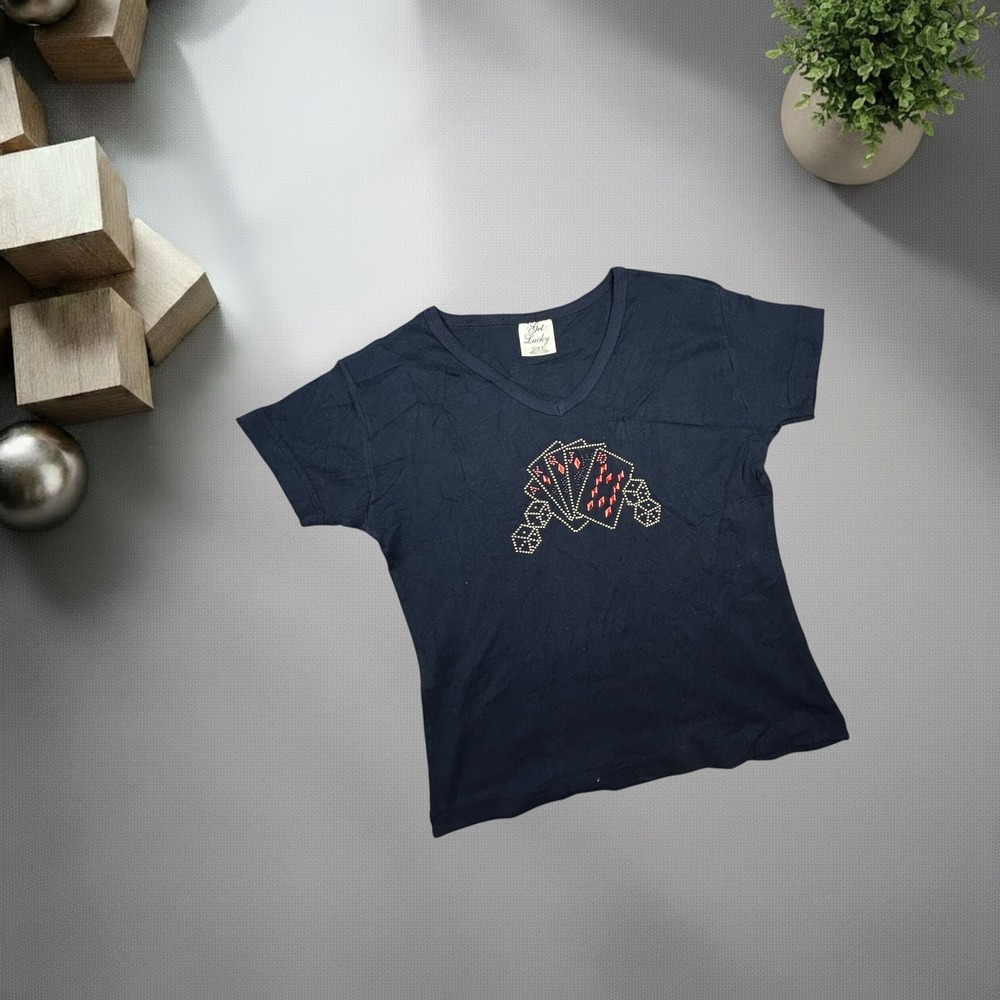 Vintage Get Lucky Navy‎ Blue Rhinestone Playing Cards Dice V-Neck T-Shirt Large